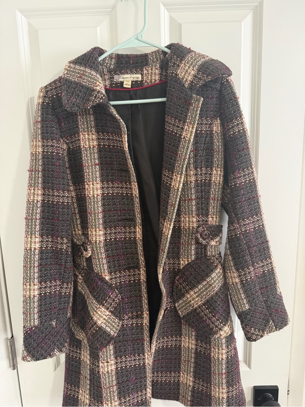 American Rag Plaid Hooded Pea Coat — Brown & Cream